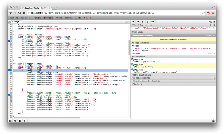 Chrome developer tools. At this breakpoint, we’re looking at the values returned from ExtendScript.