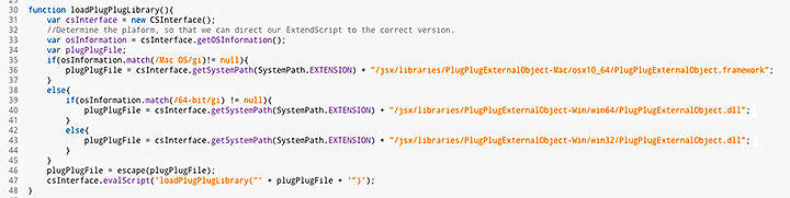 This section of code gets the OS the extension is running in and directs the ExtendScript to the correct version of the PlugPlugExternalObject library. Note that there is no 32-bit version of InDesign on the Mac OS.